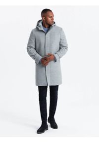 Ombre Clothing - Monochromatyczny długi męski płaszcz z kapturem – szary melanż V1 - Rozmiar: S. Okazja: na co dzień. Typ kołnierza: kaptur. Kolor: szary. Materiał: wiskoza, tkanina, poliester, materiał, syntetyk. Długość: długie. Wzór: melanż. Styl: wizytowy, casual, elegancki