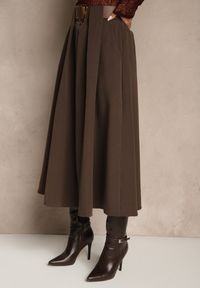 Renee - Brązowa Spódnica z Wiskozą o Rozkloszowanym Kroju z Paskiem z Klamrą Tiavela. Okazja: na co dzień. Kolor: brązowy. Materiał: wiskoza. Styl: casual, elegancki #4