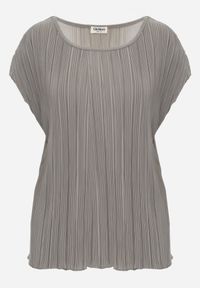 Born2be - Szara Bluzka na Krótki Rękaw z Plisowanej Tkaniny Undirea. Okazja: do pracy, na co dzień. Kolor: szary. Materiał: tkanina. Długość rękawa: krótki rękaw. Długość: krótkie. Styl: elegancki, klasyczny, casual #6