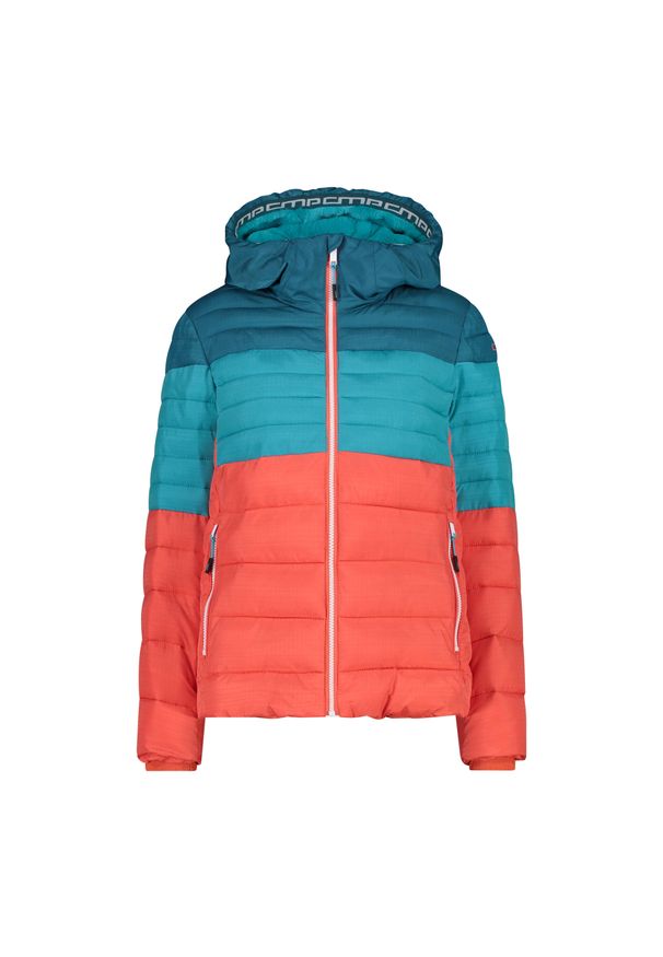 Damska kurtka z kapturem CMP. Typ kołnierza: kaptur. Kolor: wielokolorowy, czerwony, pomarańczowy. Materiał: puch. Sport: turystyka piesza