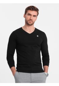 Ombre Clothing - Komplet męskich longsleeve'ów SLIM FIT z dekoltem typu V i logotypem 2-pak – mix granatowy/czarny V3 - Rozmiar: XL. Okazja: na co dzień. Kolor: niebieski. Materiał: elastan, bawełna. Długość rękawa: długi rękaw. Styl: casual #5