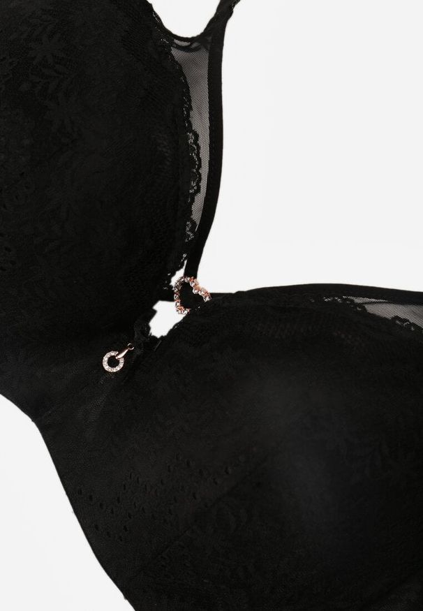 Born2be - Czarny Koronkowy Biustonosz Ozdobiony Cyrkoniowym Sercem Galirope. Kolor: czarny. Materiał: koronka. Wzór: aplikacja