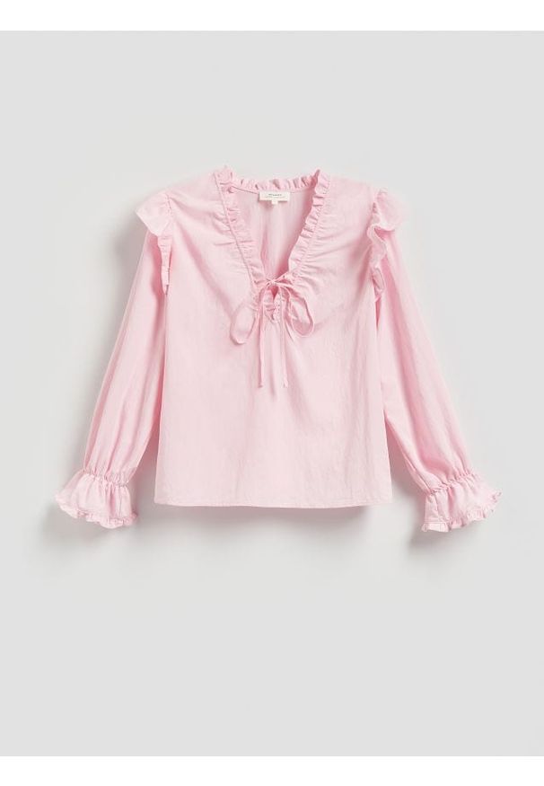 Reserved - Koszula z falbanami - pastelowy róż. Kolor: różowy. Materiał: tkanina, wiskoza