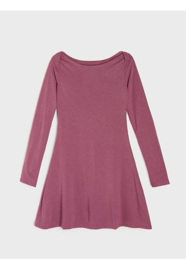 Sinsay - Gładka sukienka z długim rękawem - różowy. Kolor: różowy. Długość rękawa: długi rękaw. Wzór: gładki