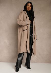 Renee - Beżowy Niezapinany Kardigan o Długim Kroju z Lamówką Venisse. Okazja: na co dzień. Kolor: beżowy. Materiał: jeans. Długość: długie. Styl: casual, klasyczny #4