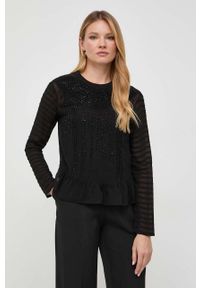 TwinSet - Twinset bluzka damska kolor czarny z aplikacją. Okazja: na co dzień. Kolor: czarny. Długość rękawa: długi rękaw. Długość: długie. Wzór: aplikacja. Styl: casual, klasyczny #1
