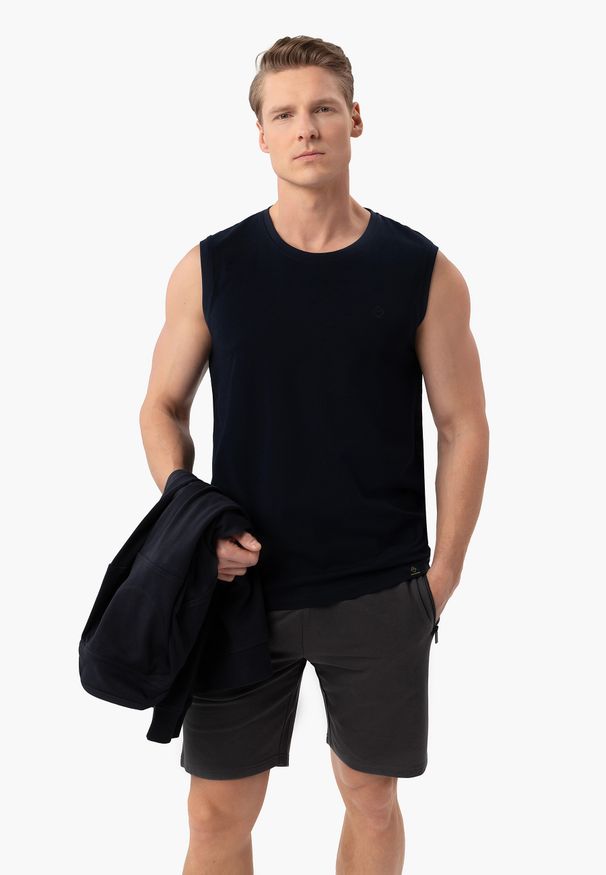 Volcano - Koszulka bez rękawów T-TANK. Kolor: niebieski. Materiał: bawełna, skóra, materiał, jeans. Długość rękawa: bez rękawów. Styl: klasyczny