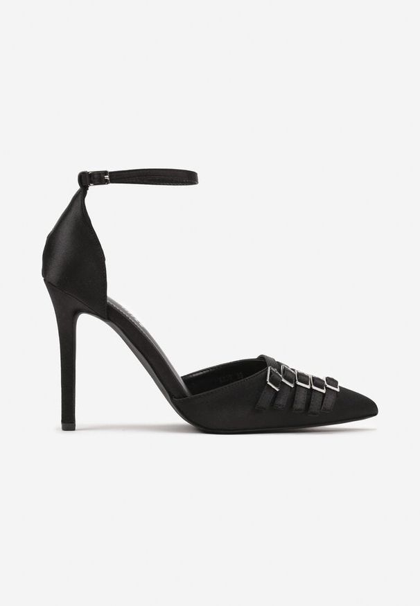 Renee - Czarne Szpilki Satynowe Ozdobione Klamrami Liorlina. Zapięcie: klamry. Kolor: czarny. Materiał: satyna. Wzór: aplikacja. Obcas: na szpilce. Styl: elegancki, klasyczny. Wysokość obcasa: średni