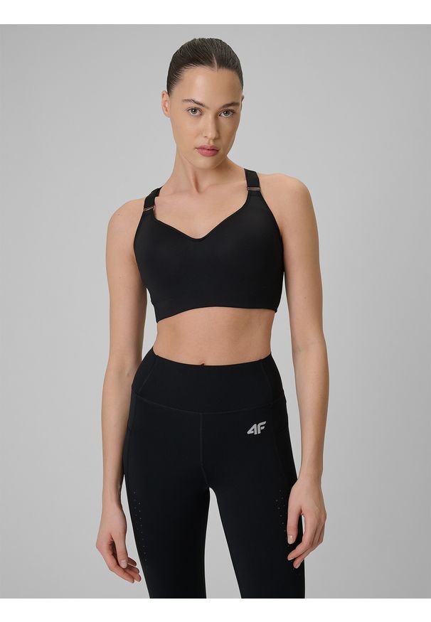 4f - 4F Biustonosz treningowy z wysokim wsparciem damski - czarny L. Kolor: czarny. Materiał: guma, skóra. Sport: fitness