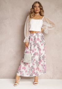 Renee - Biała Spódnica Ozdobiona Plisami z Gumką w Pasie i Elastyczną Podszewką Vislo. Kolor: biały. Wzór: aplikacja. Sezon: lato. Styl: boho