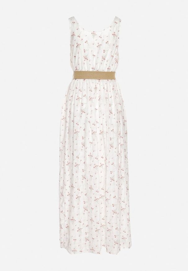 Born2be - Biała Rozkloszowana Sukienka w Kwiaty Ozdobiona Plecionym Paskiem Iffalle. Okazja: na co dzień, na spacer. Kolor: biały. Materiał: skóra. Wzór: aplikacja, kwiaty. Typ sukienki: proste. Styl: casual, elegancki