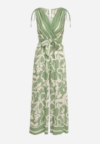 Born2be - Zielony Kopertowy Kombinezon z Wiskozą Wykończony Gumką w Talii z Materiałowym Paskiem Inatia. Okazja: na co dzień. Kolor: zielony. Materiał: materiał, wiskoza. Długość: długie. Styl: casual, elegancki #4