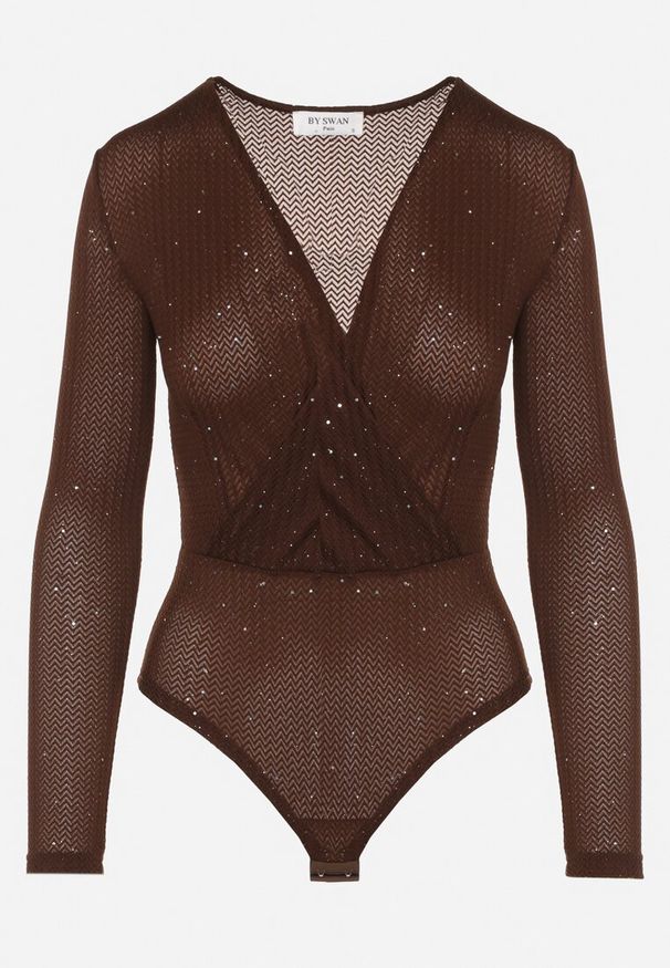 Born2be - Brązowe Kopertowe Body z Domieszką Wiskozy Zdobione Brokatem i Cekinami Jaddie. Okazja: na co dzień. Typ kołnierza: dekolt w serek. Kolor: brązowy. Materiał: wiskoza. Długość rękawa: długi rękaw. Długość: długie. Wzór: aplikacja. Styl: casual, klasyczny
