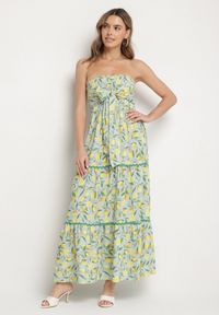 Born2be - Ciemnozielona Sukienka w Cytryny z Kokardą Galadessa. Okazja: na co dzień, na randkę. Typ kołnierza: kokarda. Kolor: zielony. Sezon: lato. Styl: casual, elegancki #2