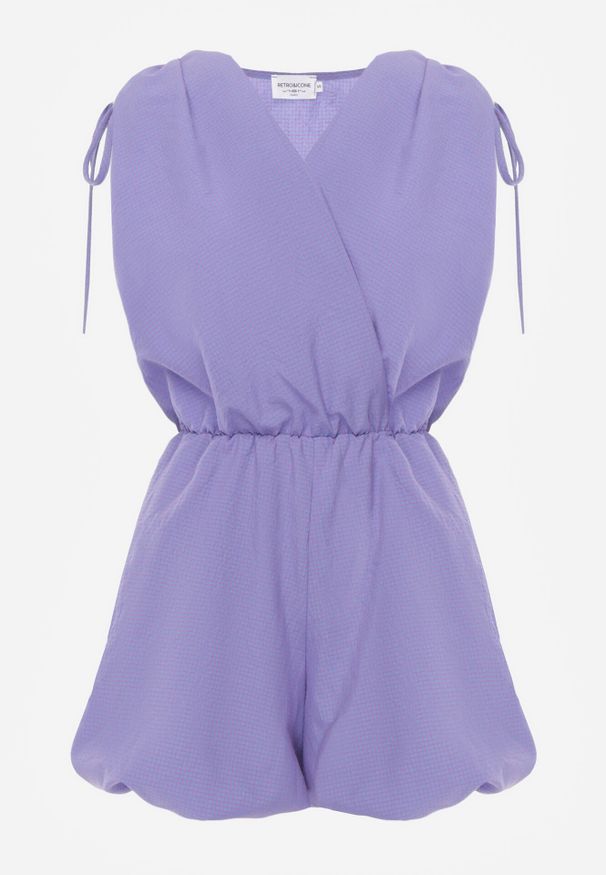 Born2be - Fioletowy Kombinezon z Gumką w Pasie i Kopertowym Dekoltem Eppenia. Okazja: na co dzień. Kolor: fioletowy. Długość: krótkie. Styl: elegancki, casual