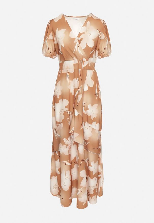 Born2be - Jasnobrązowa Sukienka z Kopertowym Wzorem i Falbanką w Kwiaty Tdivena. Okazja: na co dzień. Kolor: brązowy. Wzór: kwiaty. Typ sukienki: kopertowe. Styl: casual, elegancki
