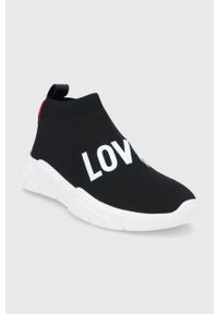Love Moschino buty kolor czarny na płaskim obcasie. Nosek buta: okrągły. Kolor: czarny. Materiał: guma. Obcas: na obcasie. Wysokość obcasa: niski