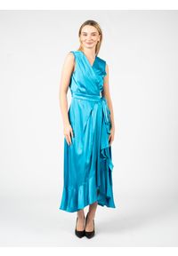 Pinko Sukienka "Oleandro" | 102076 A19B | Kobieta | Niebieski. Okazja: na spacer. Kolor: niebieski. Materiał: elastan, wiskoza. Długość rękawa: na ramiączkach. Wzór: aplikacja. Typ sukienki: rozkloszowane, kopertowe, dopasowane. Styl: elegancki. Długość: maxi
