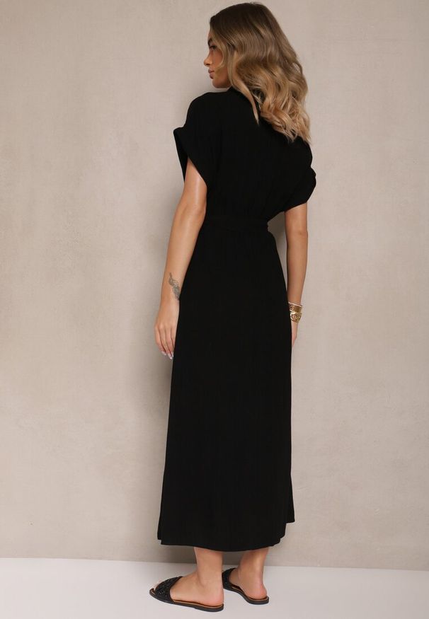 Renee - Czarna Sukienka z Wiskozy i Lnu o Koszulowym Kroju z Paskiem Efralissea. Okazja: na co dzień. Kolor: czarny. Materiał: len, wiskoza. Typ sukienki: koszulowe. Styl: elegancki, casual