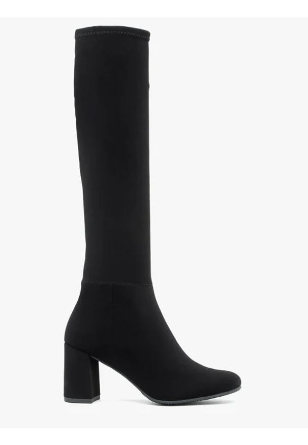 Ryłko - Czarne kozaki z elastyczną wąską cholewką. Nosek buta: okrągły. Zapięcie: zamek. Kolor: czarny. Materiał: syntetyk. Szerokość cholewki: wąska. Obcas: na obcasie. Styl: street, elegancki. Wysokość obcasa: średni