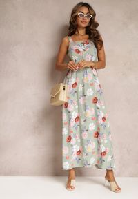 Renee - Jasnozielona Sukienka Maxi w Kwiaty z Rozkloszowanym Dołem na Ramiączkach Aletaina. Kolor: zielony. Długość rękawa: na ramiączkach. Wzór: kwiaty. Sezon: lato, wiosna. Długość: maxi #3