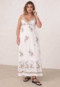 Born2be - Biała Wiskozowa Sukienka Rozkloszowana na Ramiączkach z Haftowanymi Kwiatami Kalalis. Okazja: na co dzień. Typ kołnierza: dekolt w kształcie V. Kolekcja: plus size. Kolor: biały. Wzór: haft, kwiaty. Typ sukienki: rozkloszowane, proste, dla puszystych. Materiał: wiskoza. Długość rękawa: na ramiączkach. Sezon: lato. Styl: elegancki, casual, boho #1