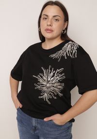 Born2be - Czarny T-shirt Bawełniany z Ozdobnymi Cekinami Greyfeather. Okazja: do pracy, na co dzień, na spotkanie biznesowe. Kolekcja: plus size. Kolor: czarny. Materiał: bawełna. Długość: długie. Wzór: gładki. Styl: elegancki, biznesowy, casual #4