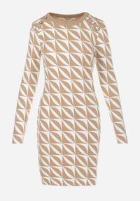 Born2be - Biało-Beżowa Sukienka Dzianinowa w Geometryczny Wzór Hynnee. Kolor: biały. Materiał: dzianina. Wzór: geometria. Długość: mini #2