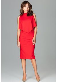 Lenitif - Dopasowana sukienka midi z doszytą pelerynką czerwona. Kolor: czerwony. Typ sukienki: ołówkowe, dopasowane. Styl: elegancki. Długość: midi #5