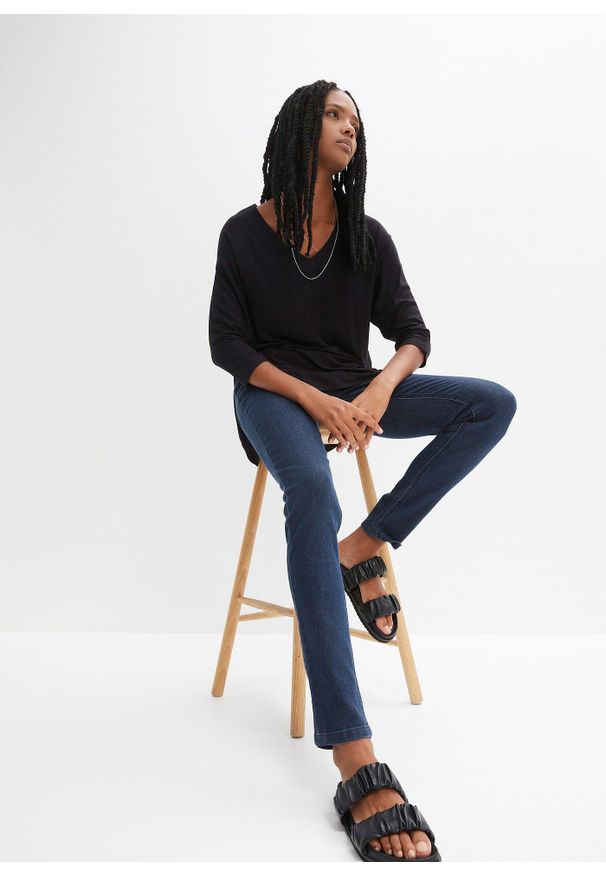 bonprix - Dżinsy Skinny mid waist, z wygodnym paskiem. Kolor: niebieski