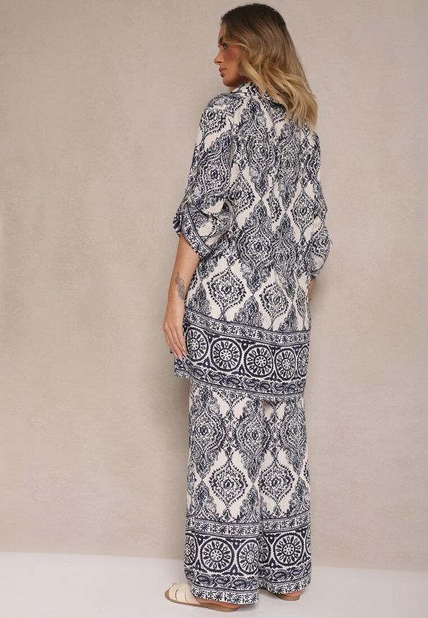 Renee - Granatowy Komplet z Wiskozą o Kroju Oversize Koszula i Spodnie Nilarithia. Kolor: niebieski. Materiał: wiskoza