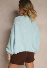 Renee - Niebieski Kardigan z Wełną o Kroju Oversize z Wiązanymi Kokardami Elearina. Typ kołnierza: kokarda. Kolor: niebieski. Materiał: wełna #4