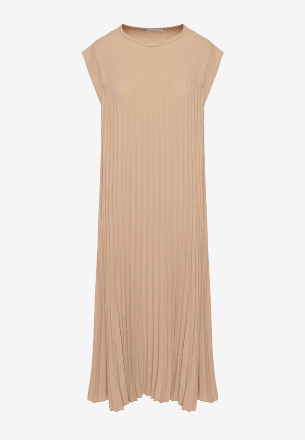 Born2be - Beżowa Plisowana Sukienka Mavence. Okazja: na co dzień. Kolor: brązowy. Wzór: nadruk. Styl: casual, klasyczny