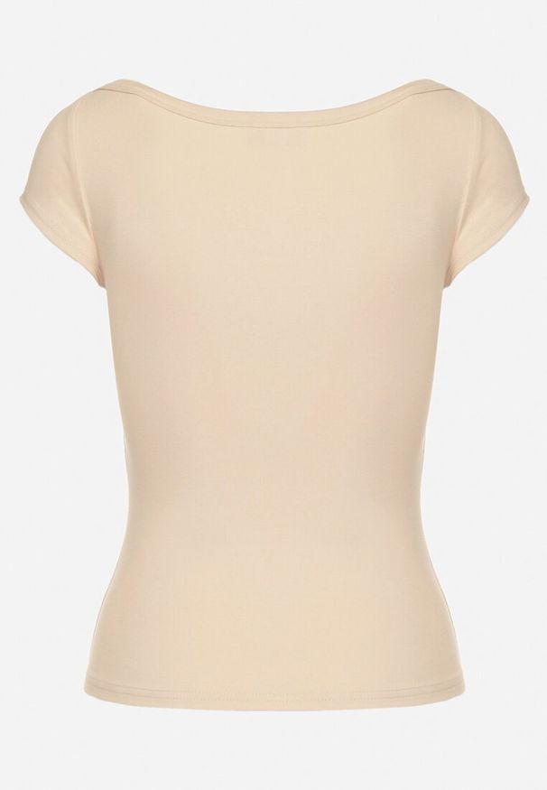 Born2be - Jasnobeżowy T-shirt z Bawełny o Dopasowanym Kroju z Dekoltem w Łódkę Galerissa. Kolor: beżowy. Materiał: bawełna. Styl: elegancki