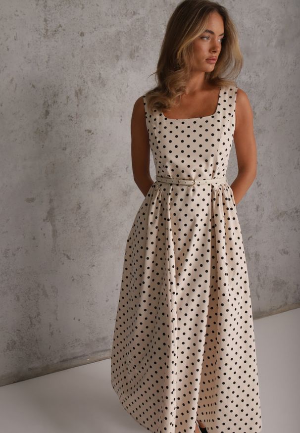 Renee - Beżowa Retro Sukienka z Bawełny i Wiskozy w Kropki o Rozkloszowanym Kroju Phrithoe. Okazja: na randkę. Kolor: beżowy. Materiał: bawełna, wiskoza. Wzór: kropki. Typ sukienki: rozkloszowane. Styl: retro