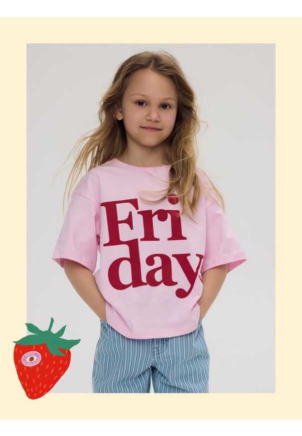 Reserved - Luźny t-shirt z nadrukiem - pastelowy róż. Kolor: różowy. Materiał: bawełna. Wzór: nadruk