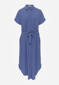 Renee - Granatowa Koszulowa Sukienka z Wiskozy z Materiałowym Paskiem w Talii Gialara. Okazja: na co dzień, na spotkanie biznesowe. Typ kołnierza: dekolt w serek. Kolor: niebieski. Materiał: materiał, wiskoza. Długość rękawa: krótki rękaw. Typ sukienki: koszulowe. Styl: casual, biznesowy, elegancki #2