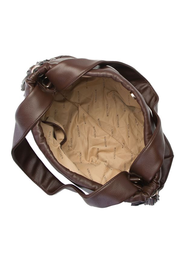 Wittchen - Torebka worek z chwostami. Kolor: brązowy. Wzór: kropki. Dodatki: z frędzlami. Materiał: skórzane. Styl: boho. Rodzaj torebki: na ramię