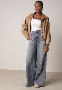 Born2be - Niebieskie Bawełniane Jeansy Typu Palazzo Ozdobione Przetarciami i Dziurami Erivaine. Okazja: na co dzień. Stan: podwyższony. Kolor: niebieski. Wzór: aplikacja. Styl: casual, elegancki #1