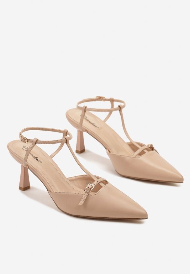 Renee - Beżowe Sandały Typu Slingback Ozdobione Paskiem Nilavin. Okazja: na co dzień. Nosek buta: szpiczasty. Zapięcie: pasek. Kolor: beżowy. Wzór: aplikacja. Sezon: lato. Styl: elegancki, casual