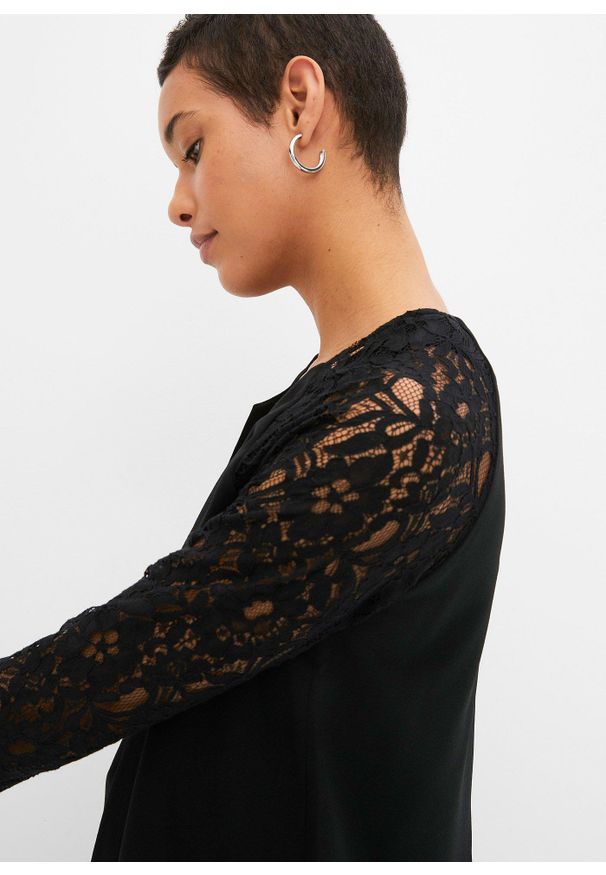 bonprix - Żakiet z koronkowymi rękawami. Kolor: czarny. Materiał: koronka. Długość rękawa: długi rękaw. Długość: długie. Wzór: koronka