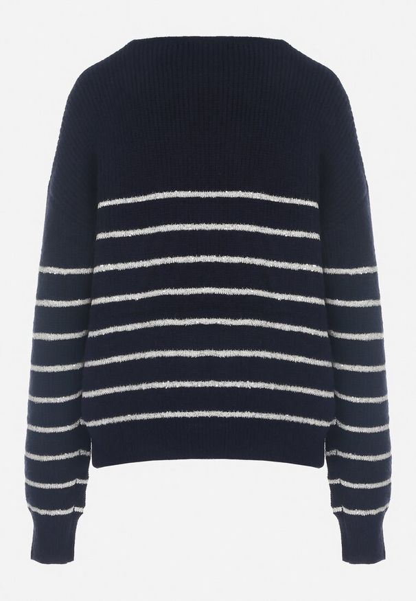 Born2be - Granatowy Pasiasty Sweter z Dekoltem w Serek Zdobiony Cekinami Tegiop. Typ kołnierza: dekolt w serek. Kolor: niebieski. Wzór: aplikacja