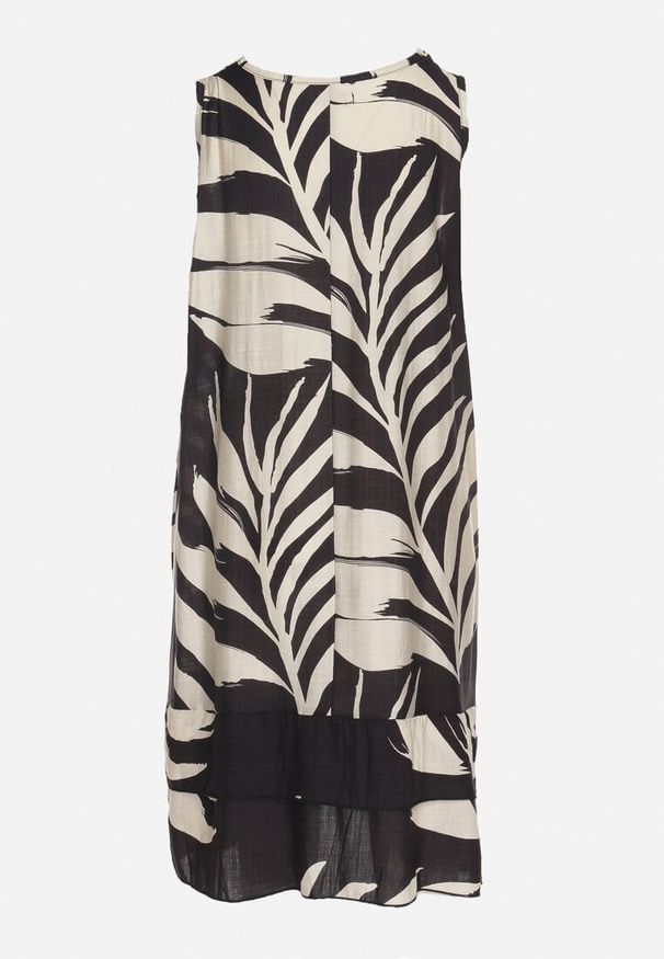 Born2be - Czarna Pudełkowa Sukienka z Wiskozą Lnem i Roślinnym Wzorem Rineluna. Okazja: na co dzień. Kolor: czarny. Materiał: wiskoza, len. Styl: casual, elegancki