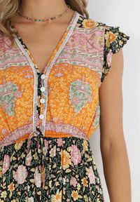 Born2be - Czarno-Pomarańczowa Sukienka Maxi z Wiskozy w Stylu Boho Larres. Typ kołnierza: kołnierz z falbankami. Kolor: pomarańczowy. Materiał: wiskoza. Wzór: aplikacja. Styl: boho. Długość: maxi #3