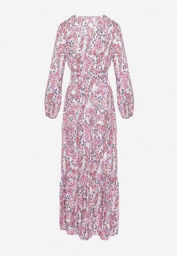 Born2be - Biało-Różowa Wiskozowa Sukienka z Kopertowym Dekoltem i Materiałowym Paskiem z Gumką w Pasie Fiarina. Okazja: na imprezę. Typ kołnierza: dekolt kopertowy. Kolor: czerwony. Materiał: wiskoza, materiał. Typ sukienki: kopertowe. Styl: klasyczny