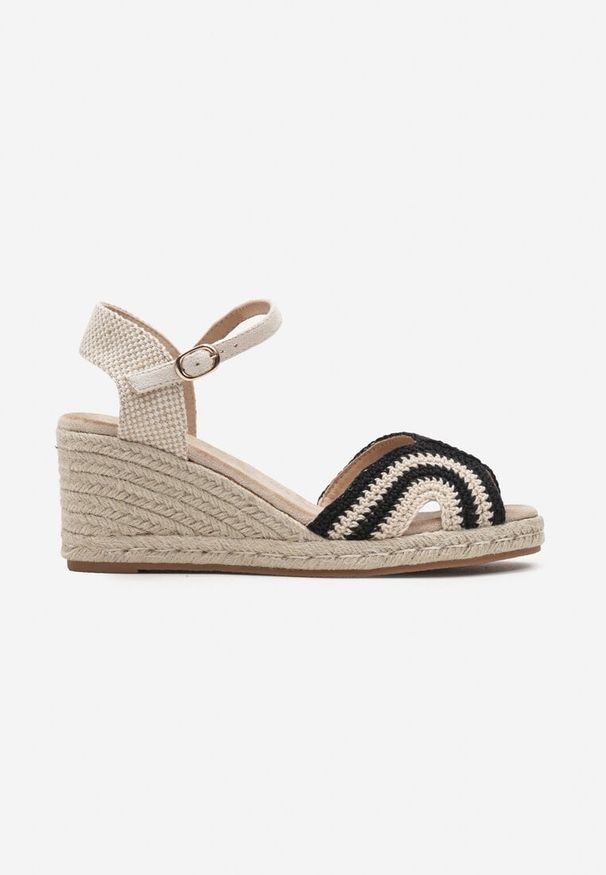 Born2be - Czarno-Beżowe Sandały Espadryle z Plecionką Przy Nosku i na Koturnie Timaella. Nosek buta: otwarty. Zapięcie: sprzączka. Kolor: czarny. Materiał: materiał. Sezon: lato. Obcas: na koturnie. Styl: klasyczny. Wysokość obcasa: średni
