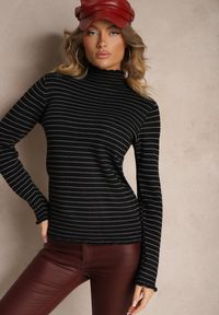 Renee - Czarny Golf z Wełną Ozdobiony Paskami Vortirida. Typ kołnierza: golf. Kolor: czarny. Materiał: wełna. Wzór: aplikacja. Styl: elegancki