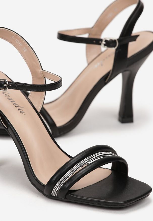 Renee - Czarne Sandały na Szpilce Ozdobione Cyrkoniami Aslima. Zapięcie: pasek. Kolor: czarny. Wzór: aplikacja. Obcas: na szpilce