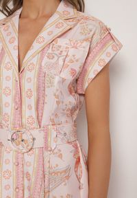 Born2be - Różowa Rozkloszowana Sukienka Koszulowa z Lnu i Wiskozy z Paskiem Alumera. Typ kołnierza: kołnierzyk klasyczny, dekolt w serek. Kolor: różowy. Materiał: len, wiskoza. Typ sukienki: koszulowe. Styl: klasyczny #3