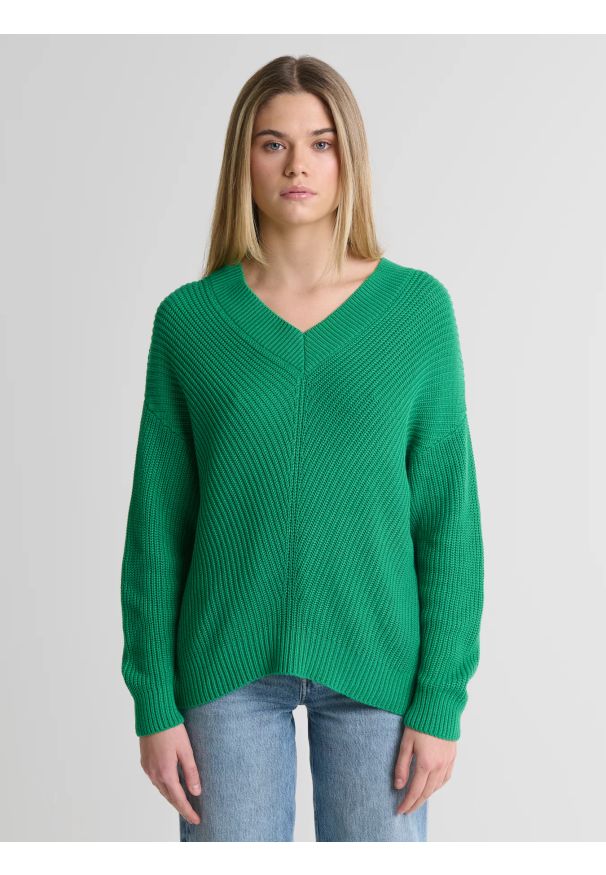 Big-Star - Sweter damski z wiskozy z dekoltem v-neck zielony Cyntiana 301. Kolor: zielony. Materiał: wiskoza. Wzór: kolorowy, ze splotem. Styl: elegancki